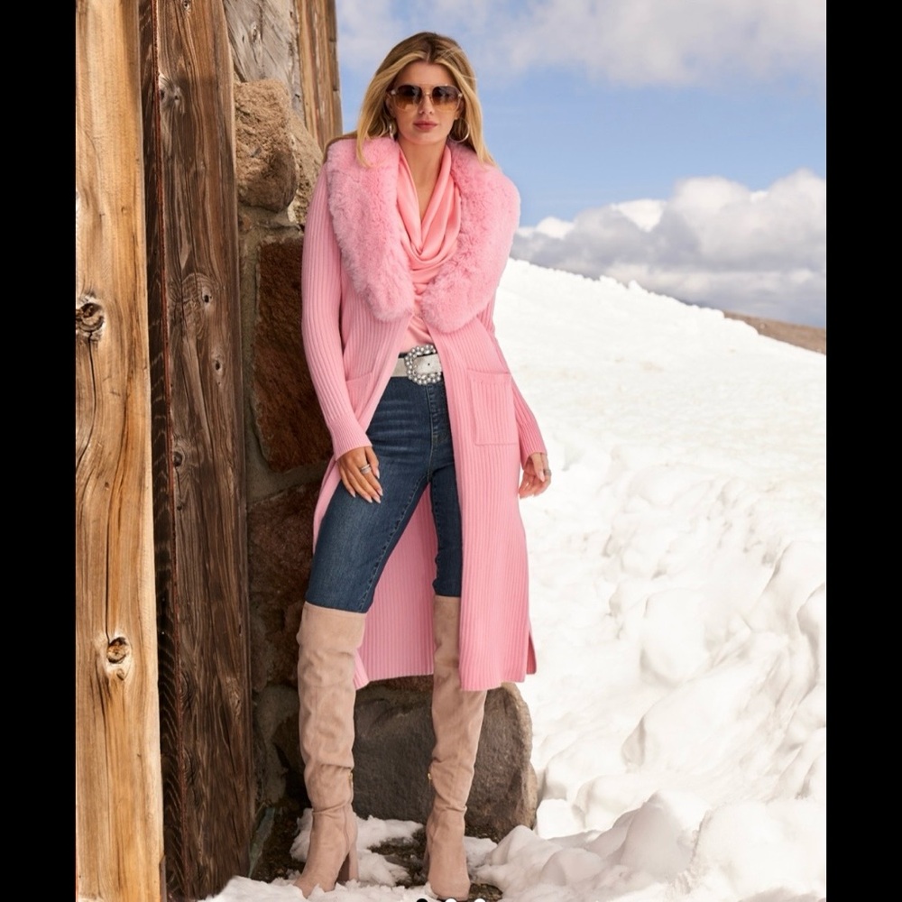 New Boston Proper Gorgeous Pink Faux Fur Collar Ribbed Long Cardigan sweater